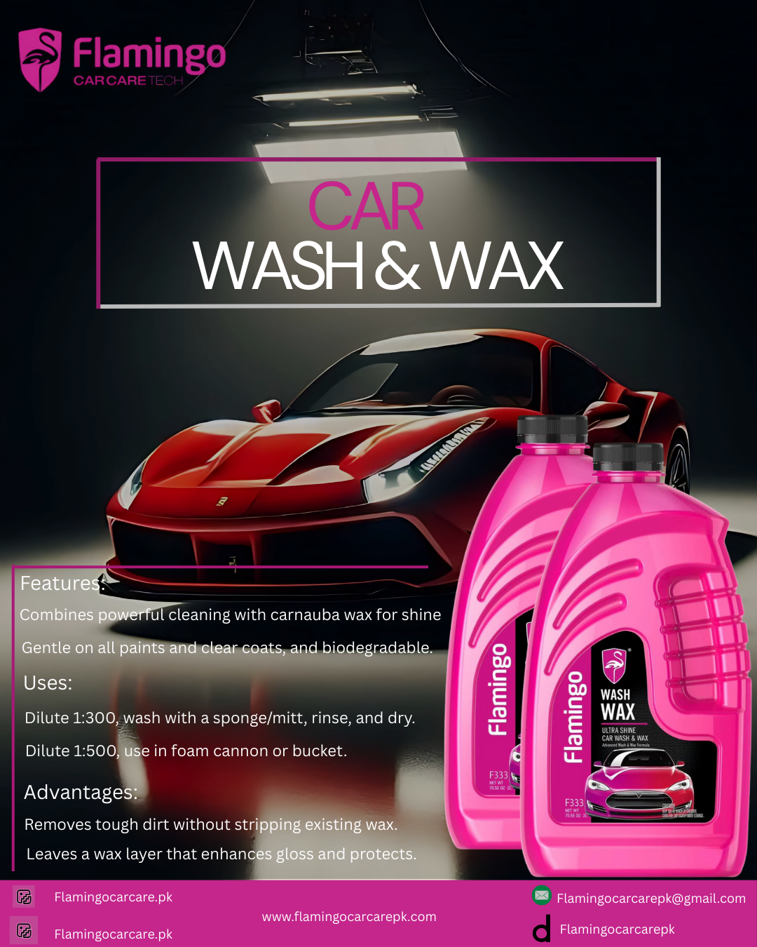 FLAMINGO CAR WASH & WAX SHAMPOO 2 LTR